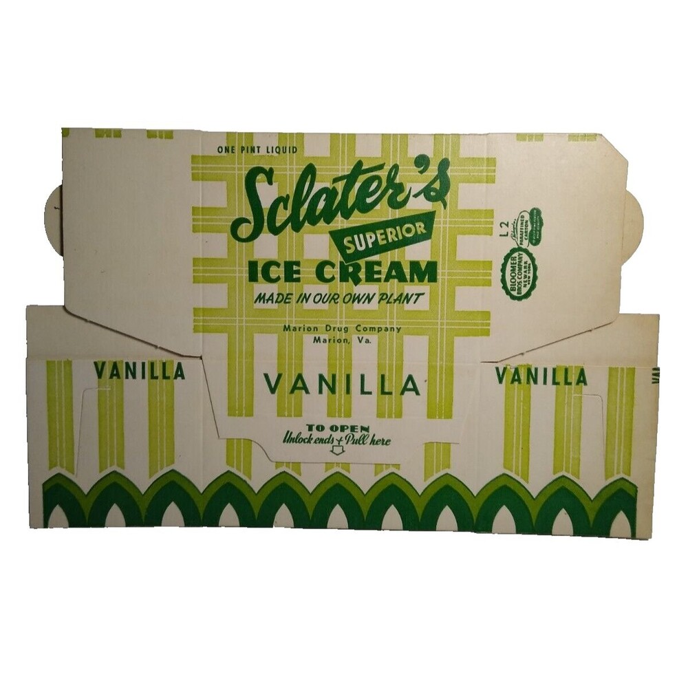 Sclater's Superior Ice Cream Vintage NOS Wax Pint Cardboard Container Marion VA